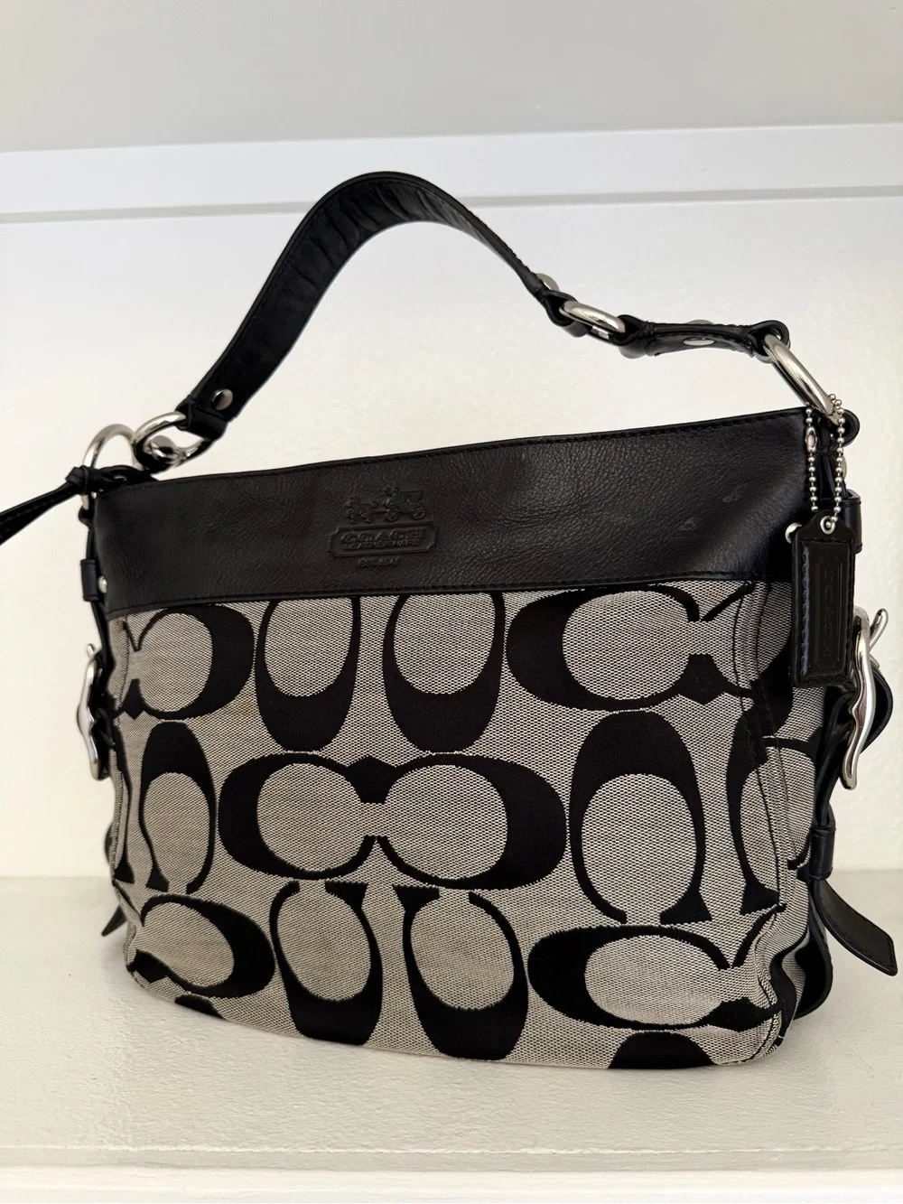 COACH Authentic F12657 Zoe Medium Hobo bag purse Grey Jacquard Black Leather